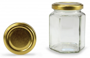 Hexagonale pot 350 gram met goudkleurig deksel verpakt per 20 stuks kopen bij Imkerij De Linde