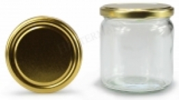 Glazen pot 450 gram met goudkleurig deksel 82 mm verpakt per 12 stuks kopen bij Imkerij De Linde