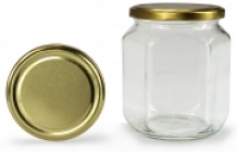 Glazen pot 450 gram hexagonaal + goudkleurig deksel verpakt per 12 stuks kopen bij Imkerij De Linde