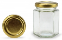Glazen pot 250 gram hexagonaal+goudkleurig deksel verpakt per 25 stuks