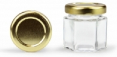 Glazen hexagonale pot 50 gram inclusief goudkleurig deksel kopen bij Imkerij De Linde